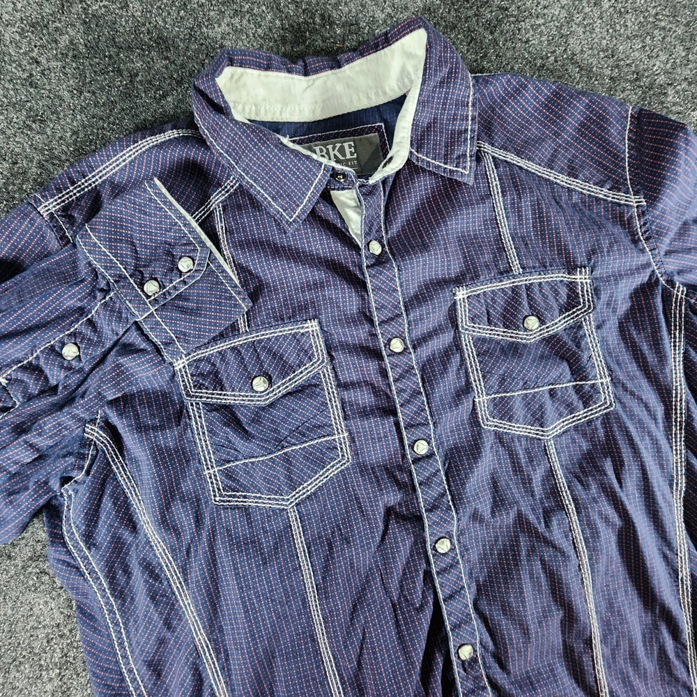 BKE Buckle Slim Fit Pearl Snap‎ Western Shirt Blue/Red Dots Men's Size Medium